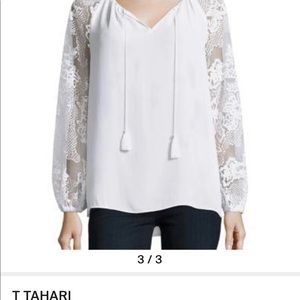 Tahari Esmerelda Antique Tie Open Neck Lace Sleeve Blouse Sz M